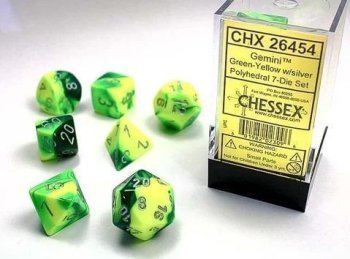 SET DE 7 DES - VERT-JAUNE/ARGENT