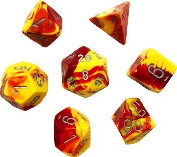 SET DE 7 DES - ROUGE-JAUNE/ARGENT